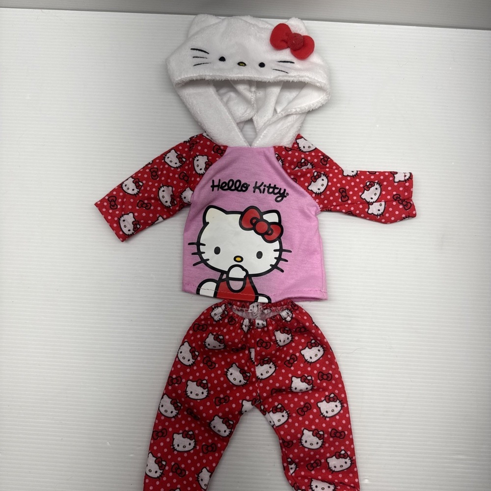 Build A Bear Sanrio Hello Kitty Pink Polka Dot 2 Piece Pajamas Outfit w/Hood